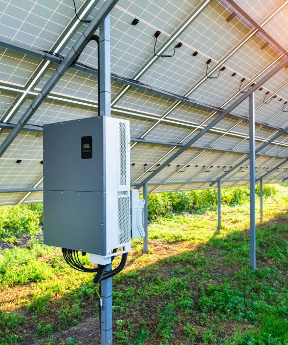 Solar panel inverter under canopy in the backyard made for solar power plant, an ecological alternative source of electricity. Back view