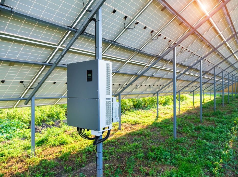 Solar panel inverter under canopy in the backyard made for solar power plant, an ecological alternative source of electricity. Back view